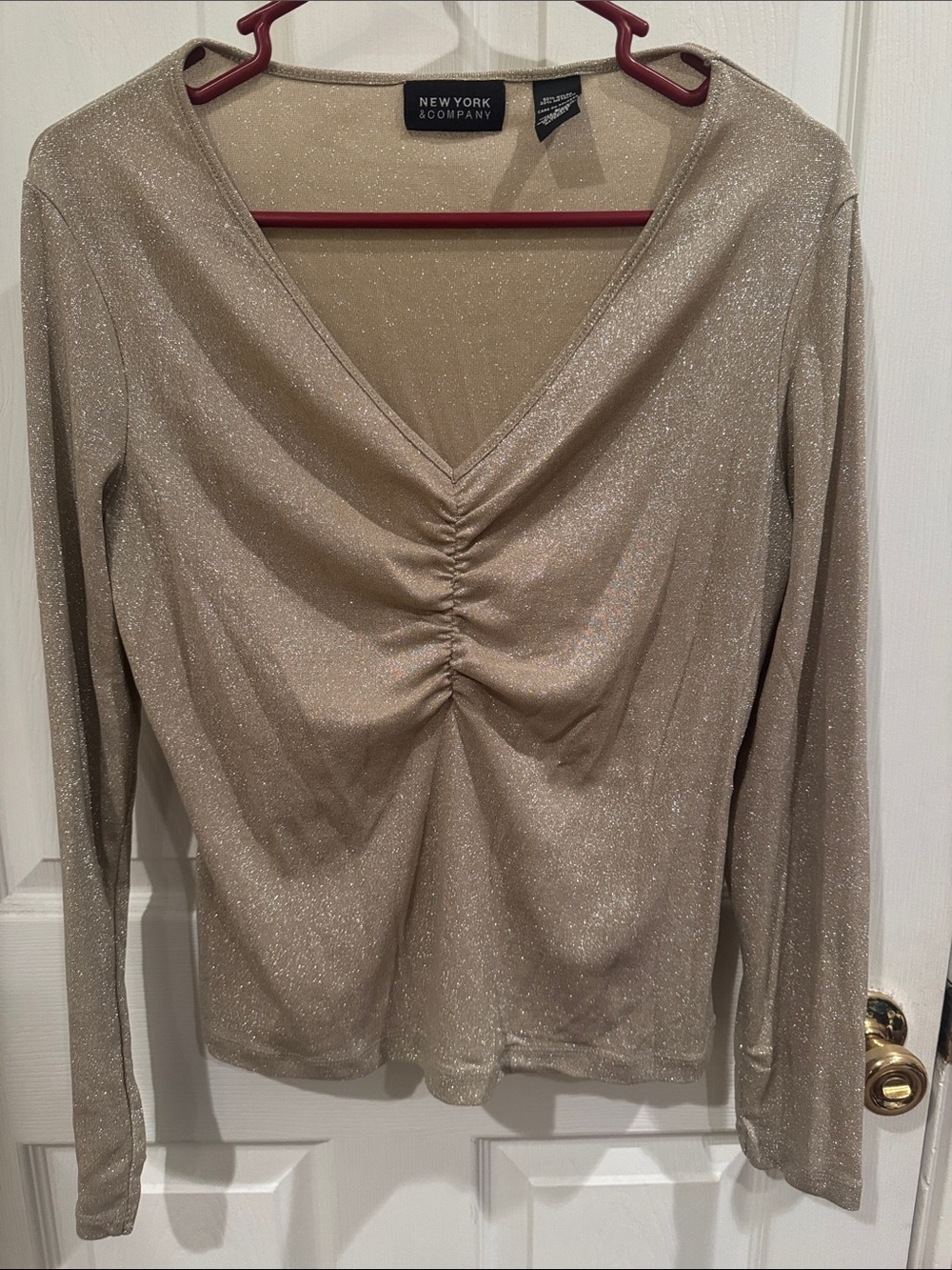 New York & Company Sparkling Cream Ruched V-Neck Long Sleeve Top